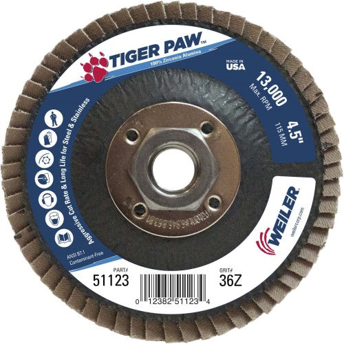 Weiler Tiger Paw Flap Disc - 4 1/2" Type 29 w/Hub 36 Grit 51123