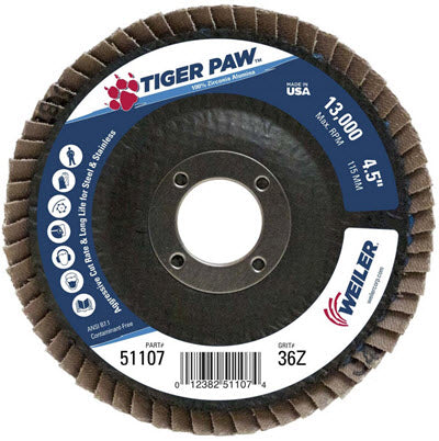 Weiler Tiger Paw Flap Disc - 4 1/2" Type 27 7/8 Arbor 36 Grit 51107