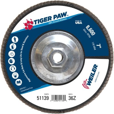 Weiler Tiger Paw Flap Disc - 7" Type 27 w/Hub 36 Grit 51139