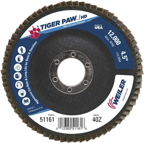 Weiler Tiger Paw HD Flap Disc - 4 1/2" Type 27 7/8 Arbor 40 Grit 51161