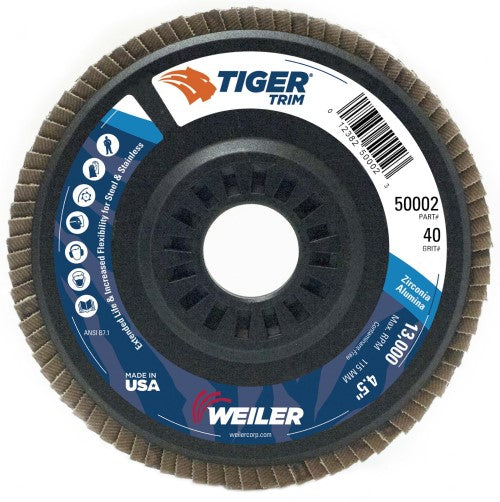Weiler Tiger Trim Flap Disc - 4 1/2" Type 29 7/8 Arbor 40 Grit 50002