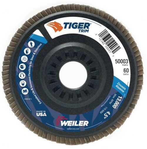 Weiler Tiger Trim Flap Disc - 4 1/2" Type 29 7/8 Arbor 60 Grit 50003