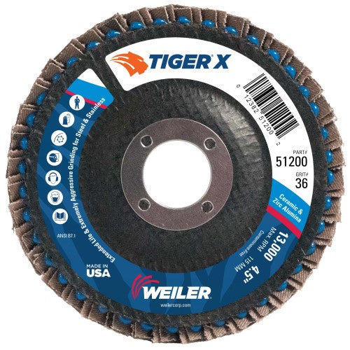 Weiler Tiger X Flap Disc - 4-1/2" Type 29 7/8 Arbor 36 Grit 51200