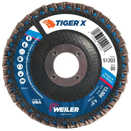 Weiler Tiger X Flap Disc - 4-1/2" Type 29 7/8 Arbor 80 Grit 51203