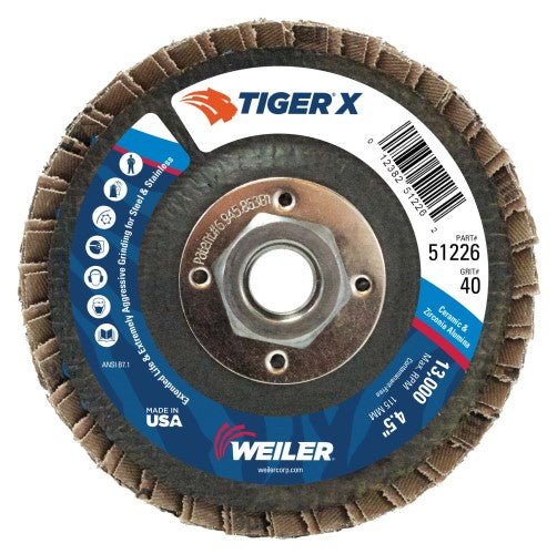 Weiler Tiger X Flap Disc - 4-1/2" Type 27 w/Hub 40 Grit 51226