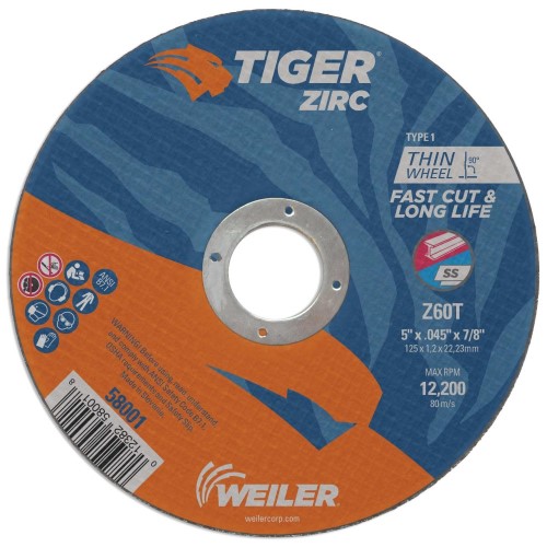 Weiler Tiger Zirc Cutting Wheel - 5" X .045" Type 1 58001