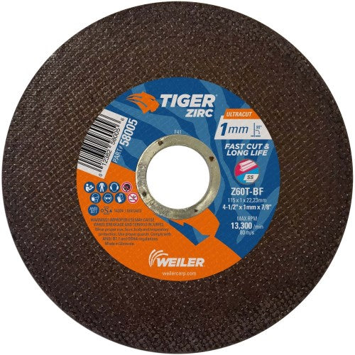 Weiler Tiger Zirc UltraCut Cutting Wheel - 4 1/2" X 1mm Type 1 58005