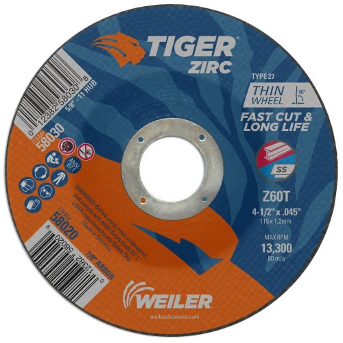 Weiler Tiger Zirc Cutting Wheel - 4 1/2" X .045" Type 27 58020