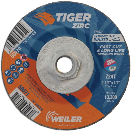 Weiler Tiger Zirc Grinding Wheel w/Hub - 4 1/2" X 1/4" Type 27 58070
