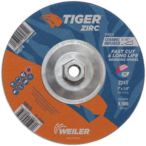 Weiler Tiger Zirc Grinding Wheel w/Hub - 7" X 1/4" Type 27 58074