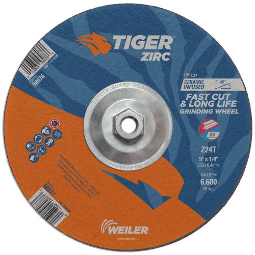 Weiler Tiger Zirc Grinding Wheel w/Hub - 9" X 1/4" Type 27 58076