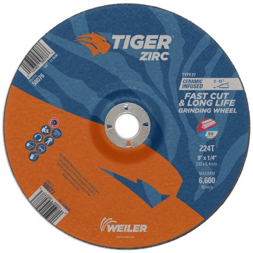 Weiler Tiger Zirc Grinding Wheel - 9" X 1/4" Type 27 58077