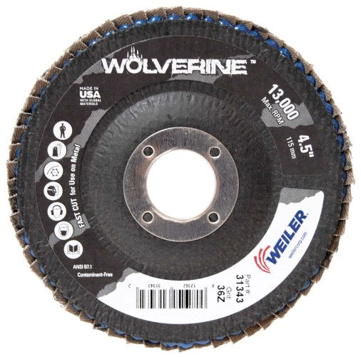 Weiler Wolverine Flap Disc - 4 1/2" Type 29 7/8 Arbor 36 Grit 31343