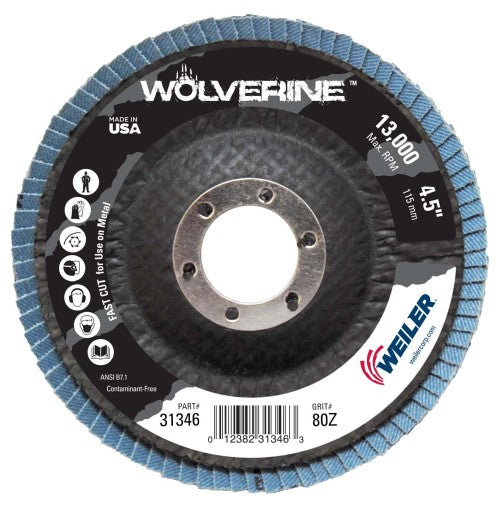 Weiler Wolverine Flap Disc - 4 1/2" Type 29 7/8 Arbor 80 Grit 31346