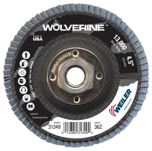 Weiler Wolverine Flap Disc - 4 1/2" Type 29 w/Hub 36 Grit 31349